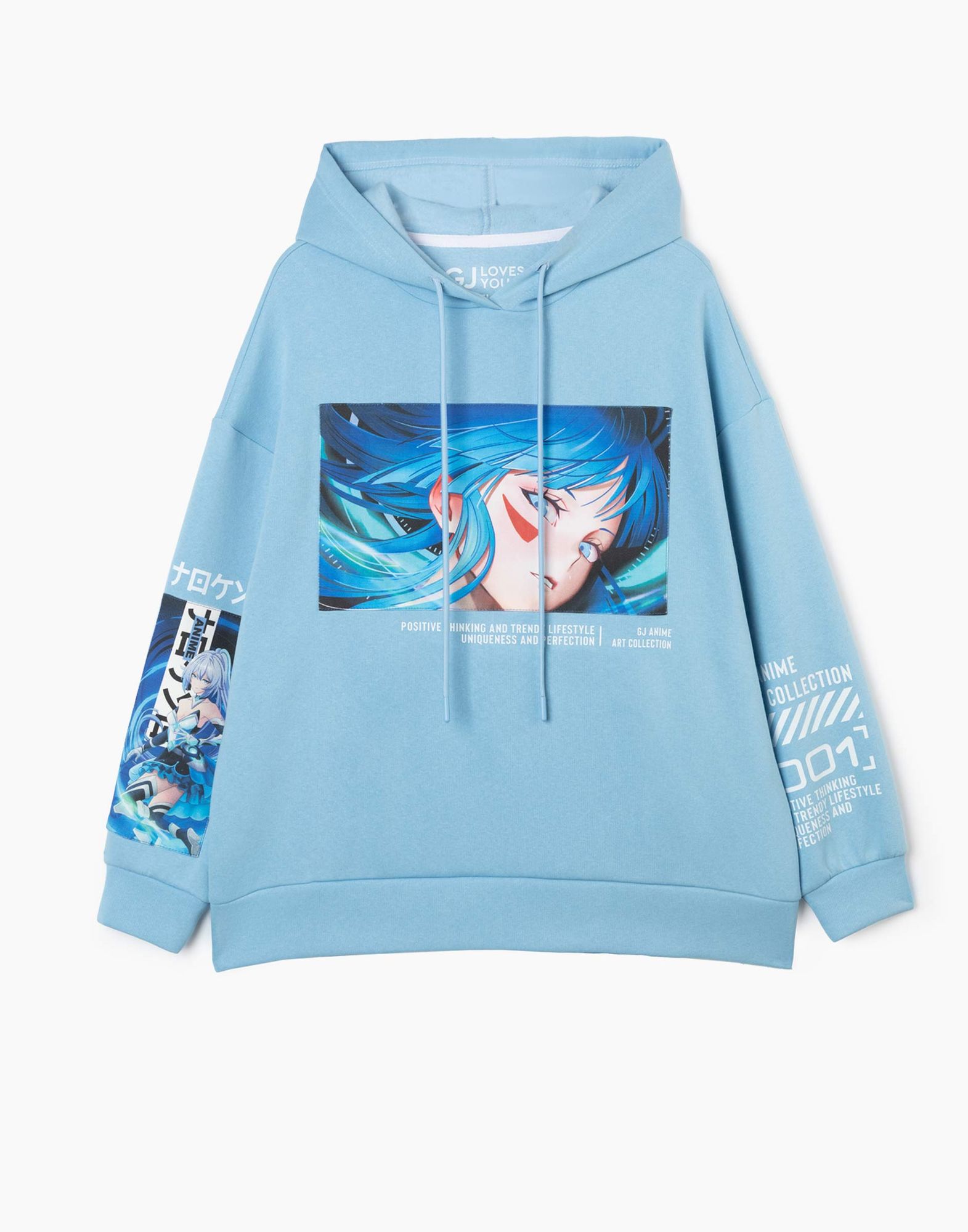 Голубое худи oversize с аниме-принтом для девочки-2
