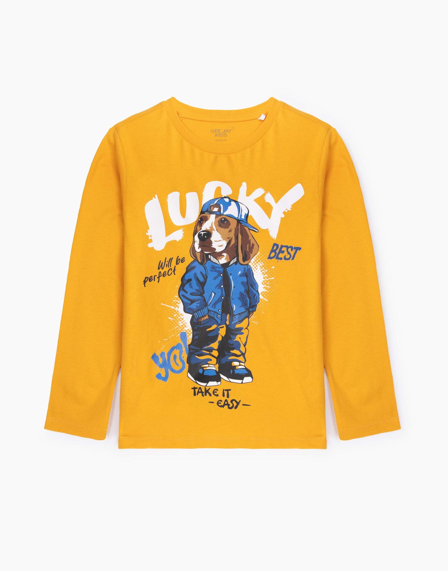Горчичный лонгслив с принтом Lucky для мальчика-0