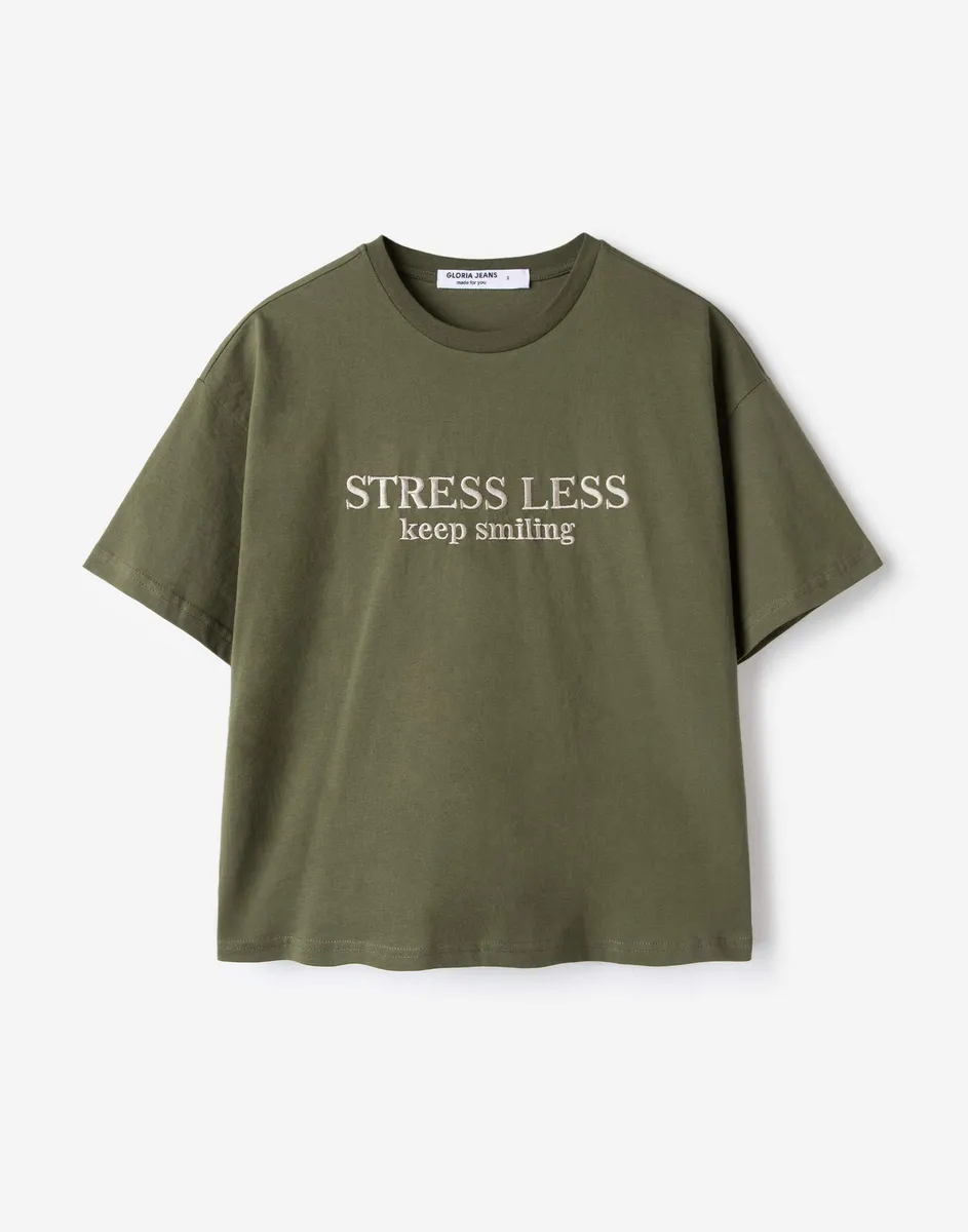 Хаки футболка oversize с вышивкой Stress Less GKT020088-1 купить по цене от  1199 рублей с доставкой по России