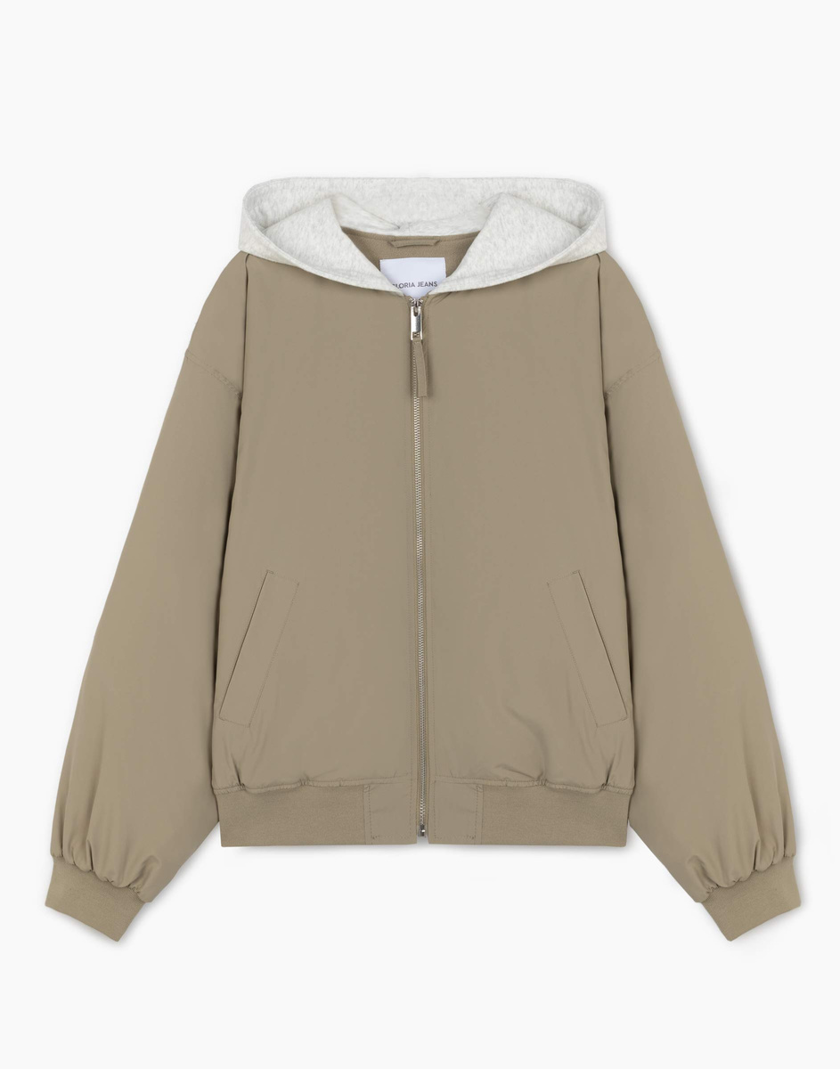 Хаки куртка-бомбер oversize с контрастным капюшоном
