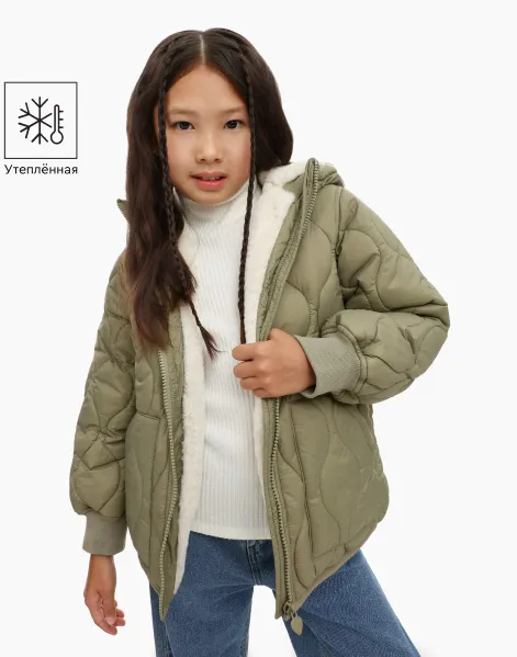Хаки утеплённая куртка для девочки-0
