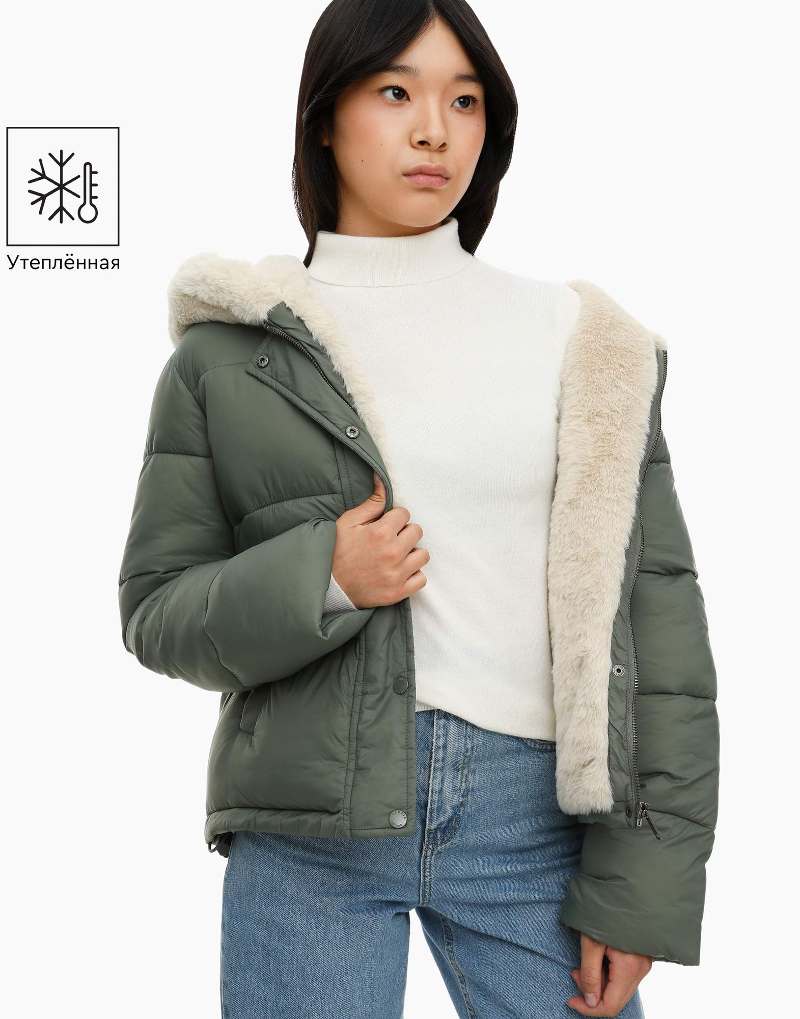 Хаки утеплённая куртка с экомехом для девочки-0
