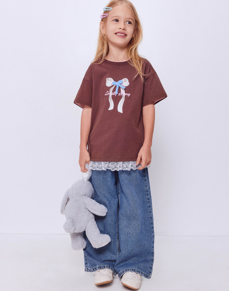 新品未使用　Embroidery Patchwork Shirts KIDS Коричневая футболка оверсайз с аппликацией и кружевом для девочки
