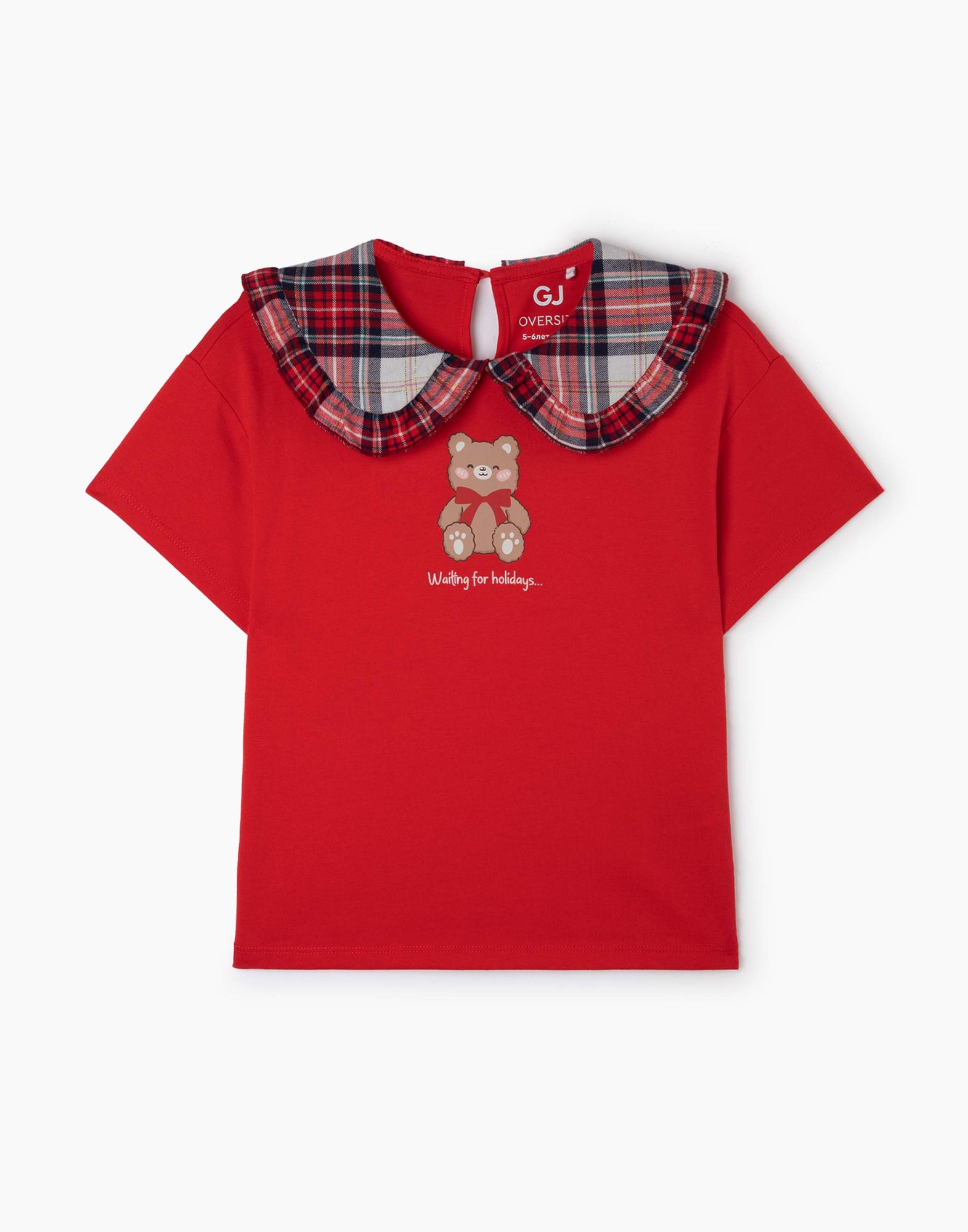 Красная футболка oversize с воротником Питер Пэн и принтом для девочки-1
