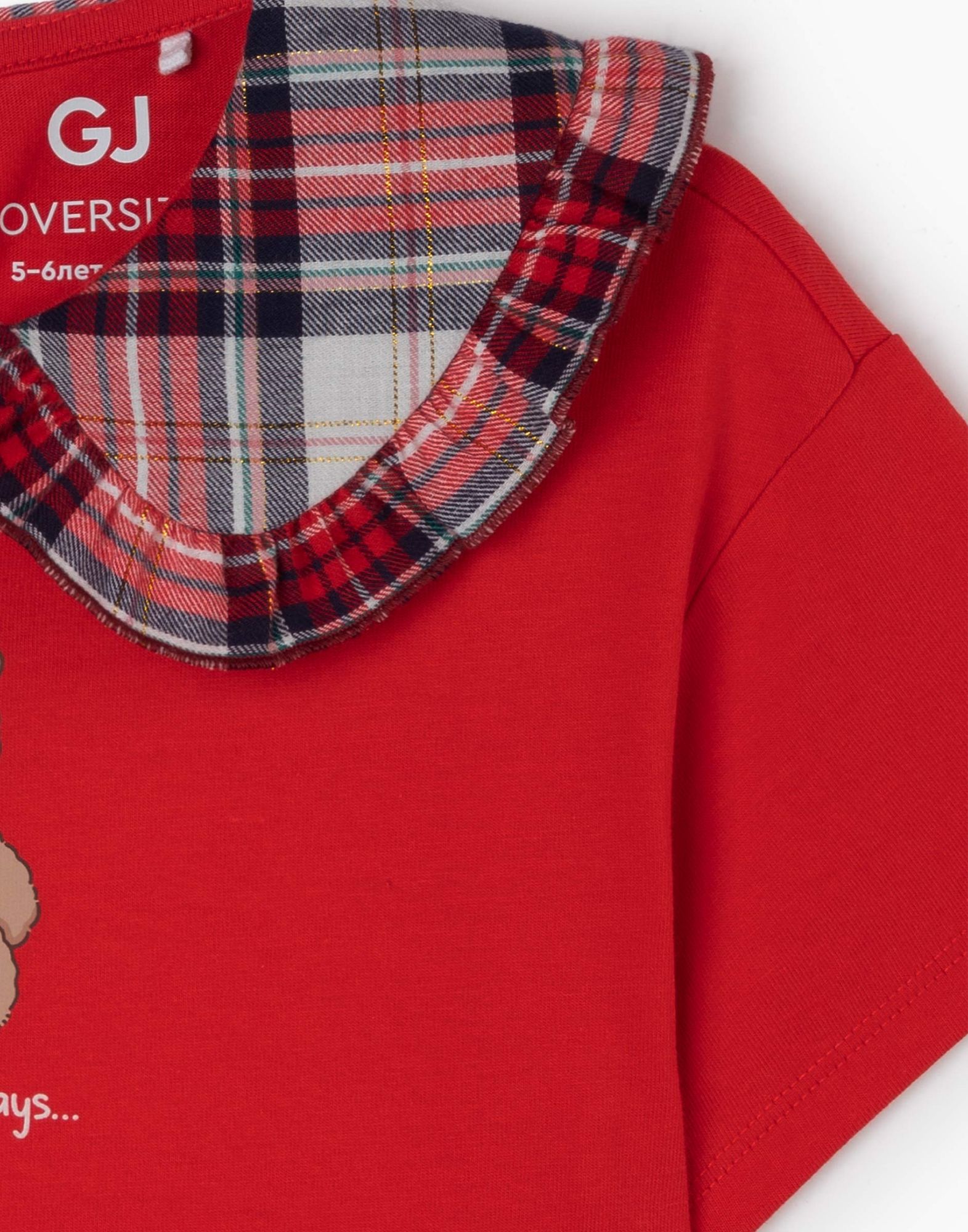 Красная футболка oversize с воротником Питер Пэн и принтом для девочки-4