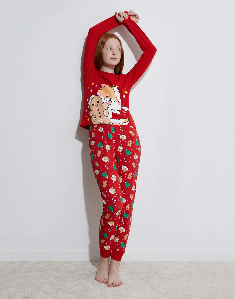 Красная пижама с принтом в рождественской тематике для девочки-0