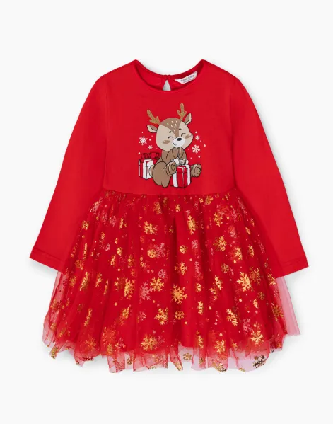 Красное нарядное платье с новогодним принтом для девочки-0