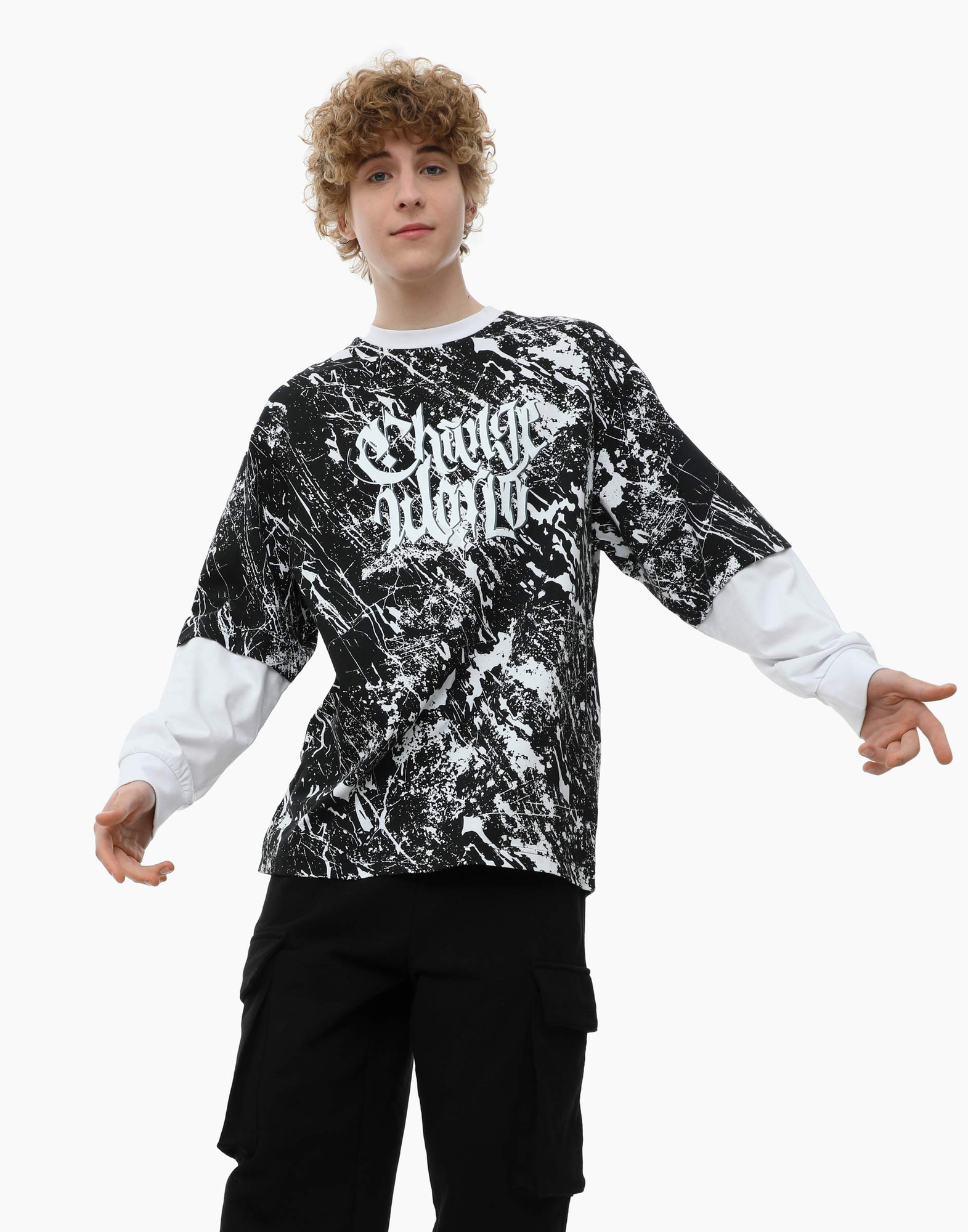 Лонгслив oversize с двойным рукавом и принтом для мальчика BKT012680-1 ...