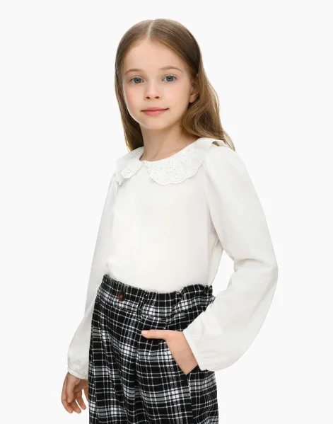 Молочная блузка с длинным рукавом и воротником для девочки-0