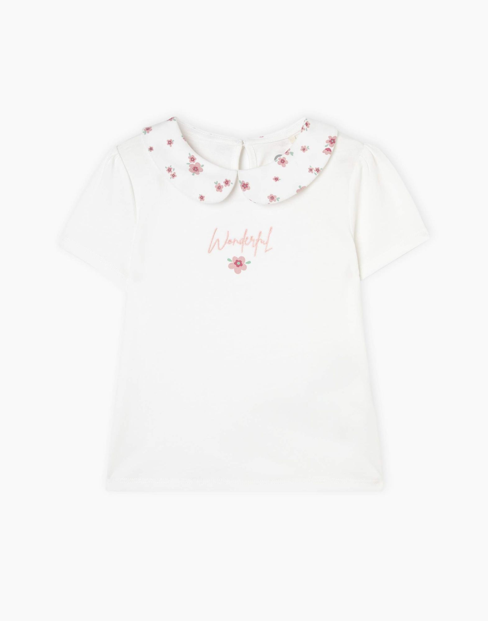 Молочная футболка с воротником и вышивкой для девочки-0