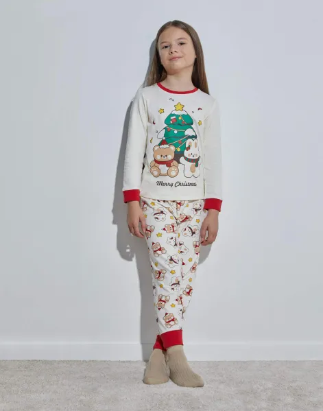 Молочная пижама с новогодним принтом для девочки-0