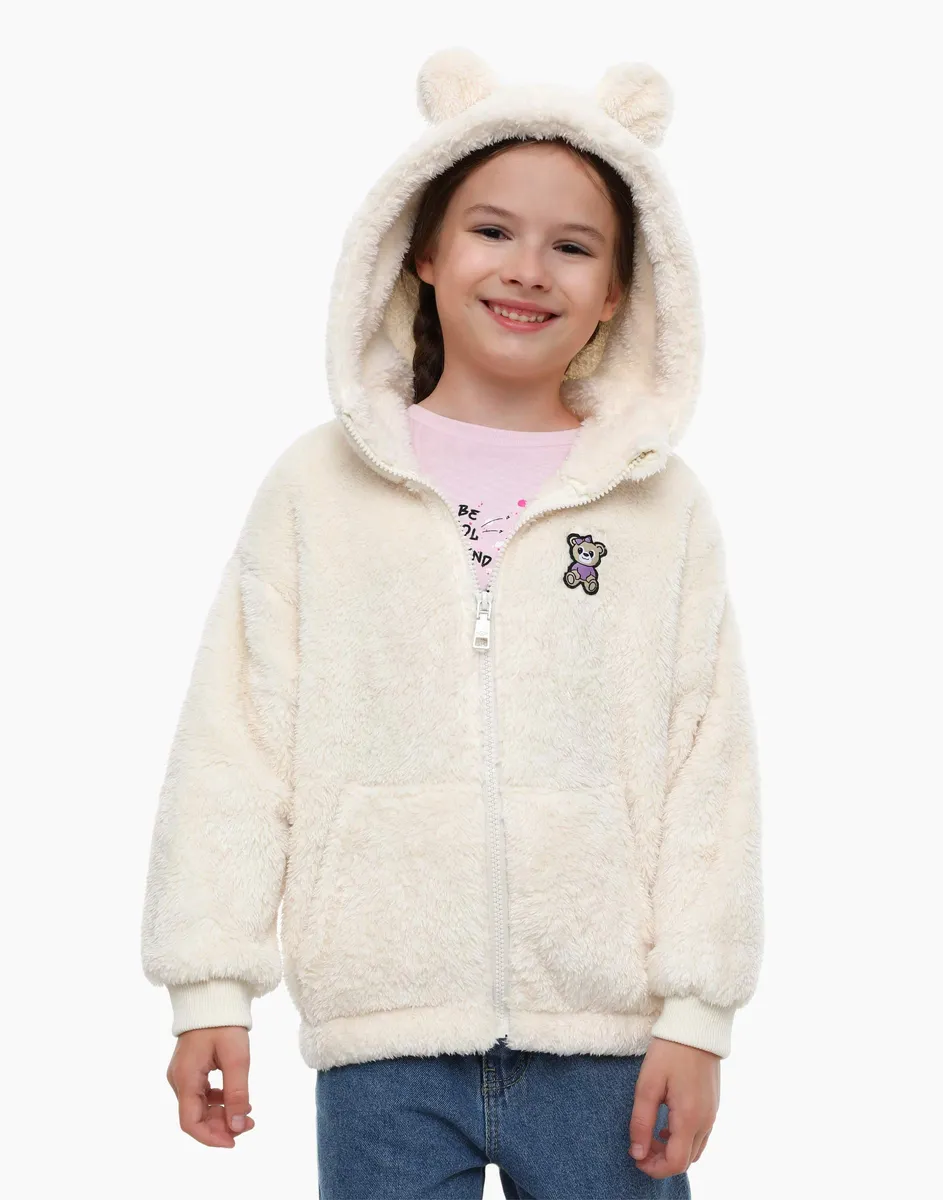 Молочная плюшевая куртка oversize с аппликацией для девочки-0
