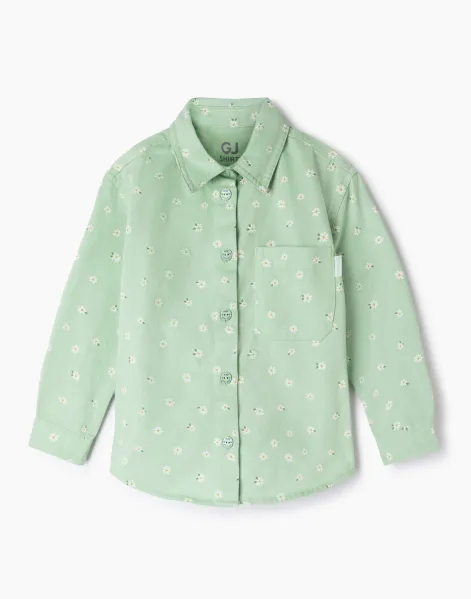 Оливковая рубашка oversize из твила с цветочным принтом для девочки-0