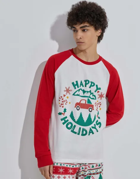 Пижамный лонгслив колор-блок с принтом Happy Holidays-0