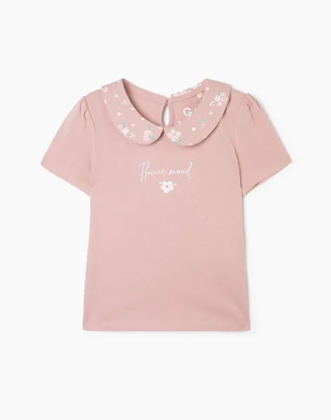 Пыльно-розовая футболка с воротником и вышивкой для девочки-0