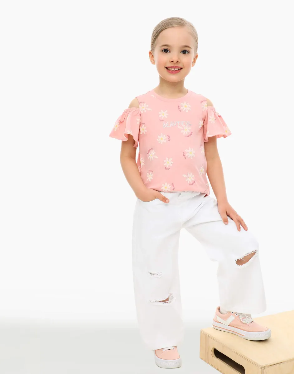 Розовая блузка с цветочным принтом для девочки-0