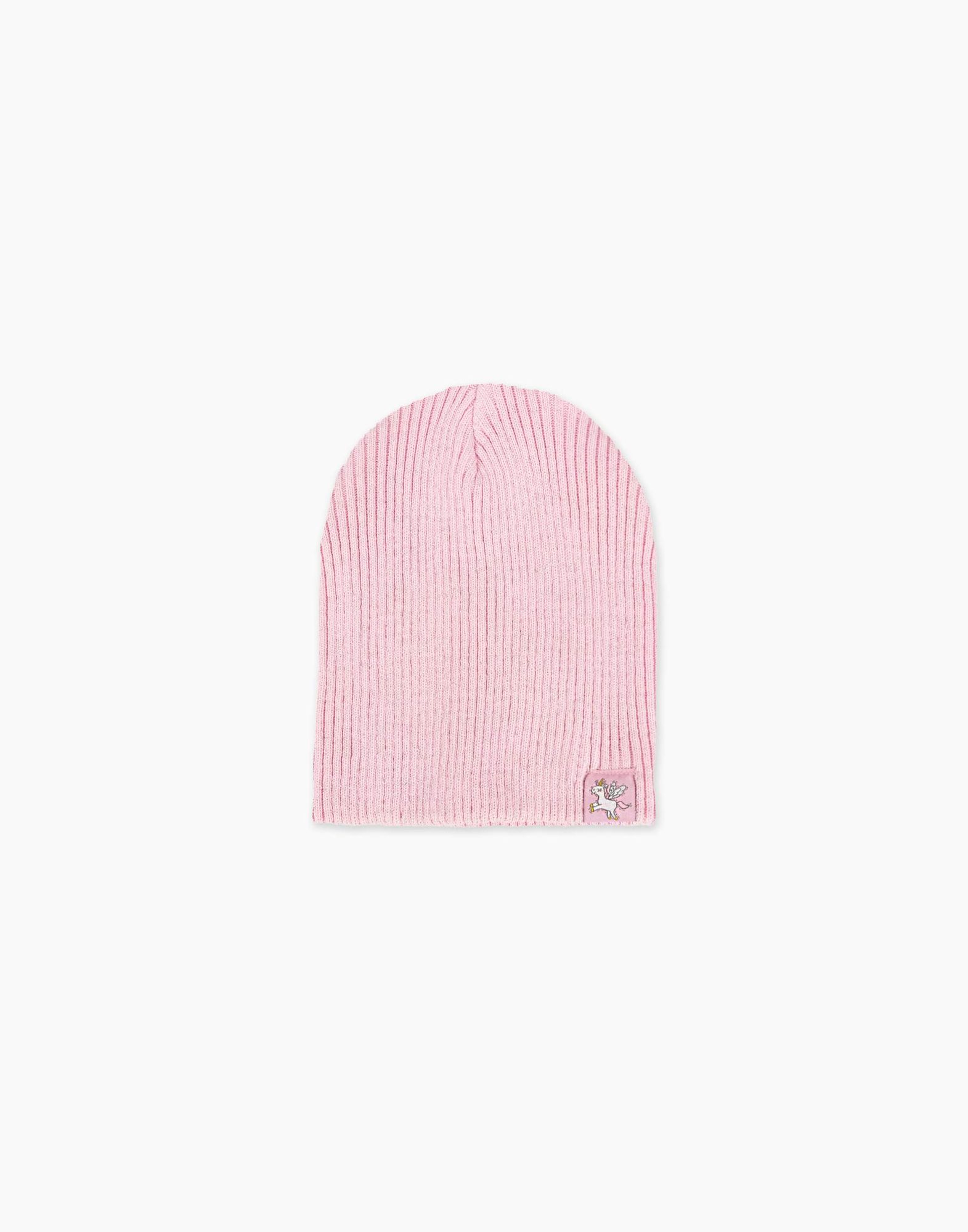 Розовая шапка-бини с нашивкой для девочки -0