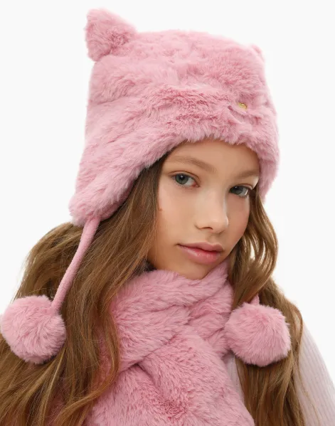 Розовая шапка-ушанка для девочки-0