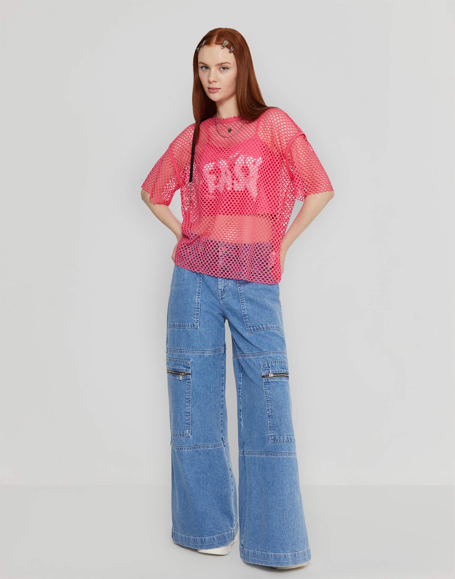 Розовая сетчатая футболка oversize с граффити-принтом GKT022449-1 ...