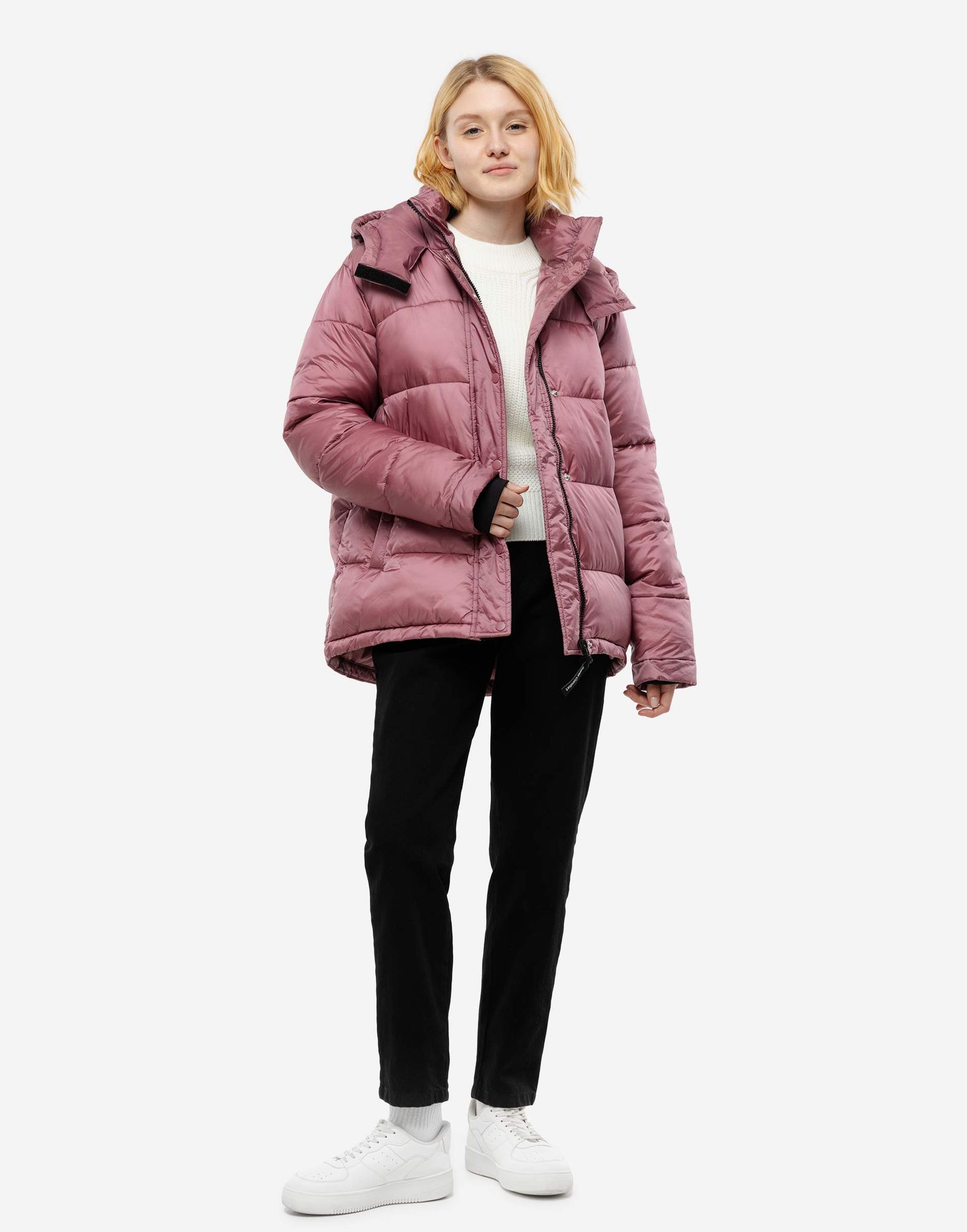 Розовая утепленная куртка oversize с капюшоном-4