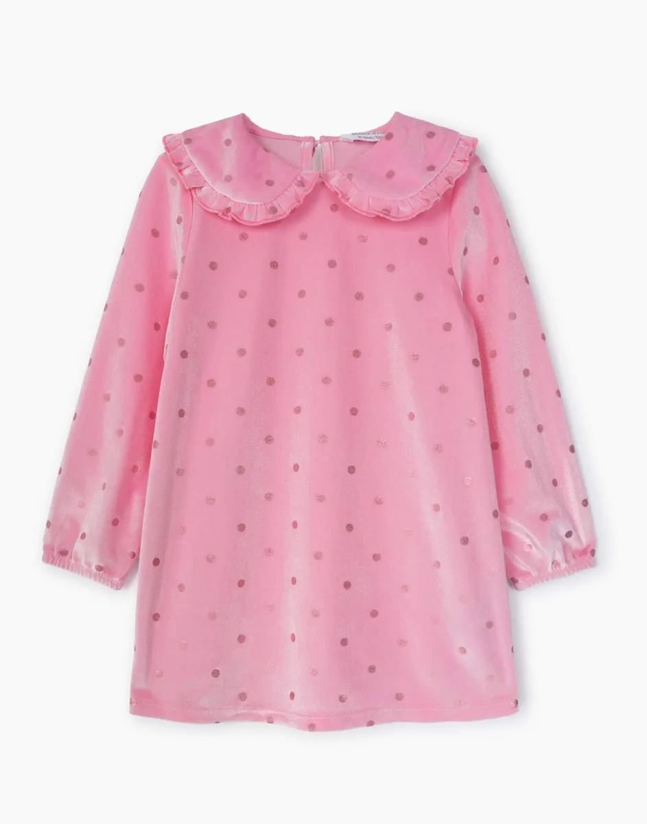 Розовое расклёшенное платье в горох для девочки-0