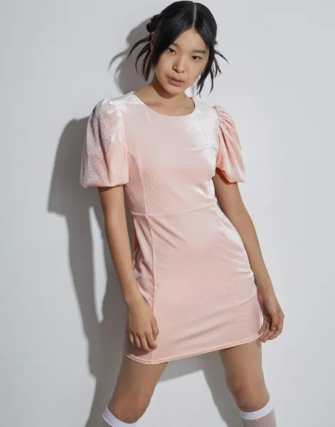 Розовое велюровое платье со стразами для девочки-0