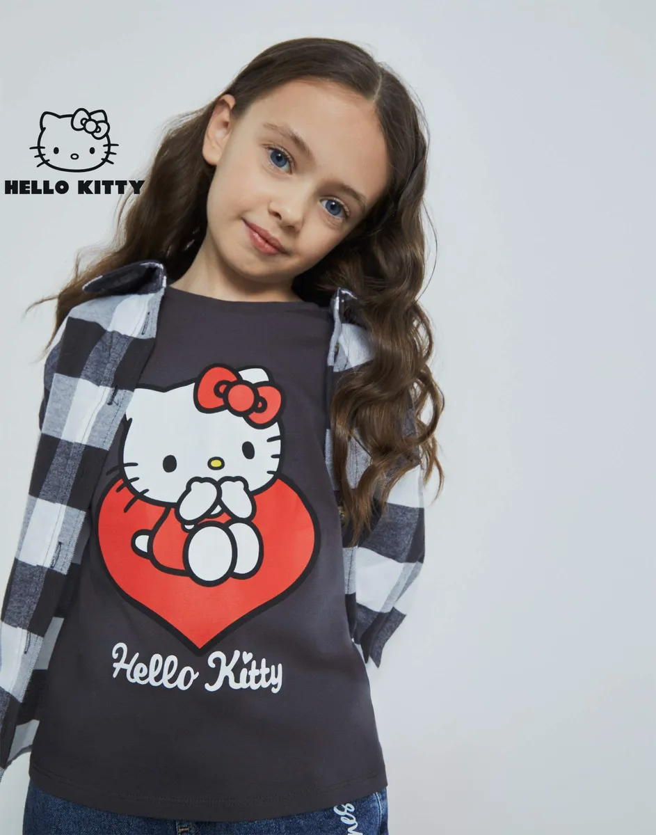Серая футболка oversize с принтом Hello Kitty для девочки-0