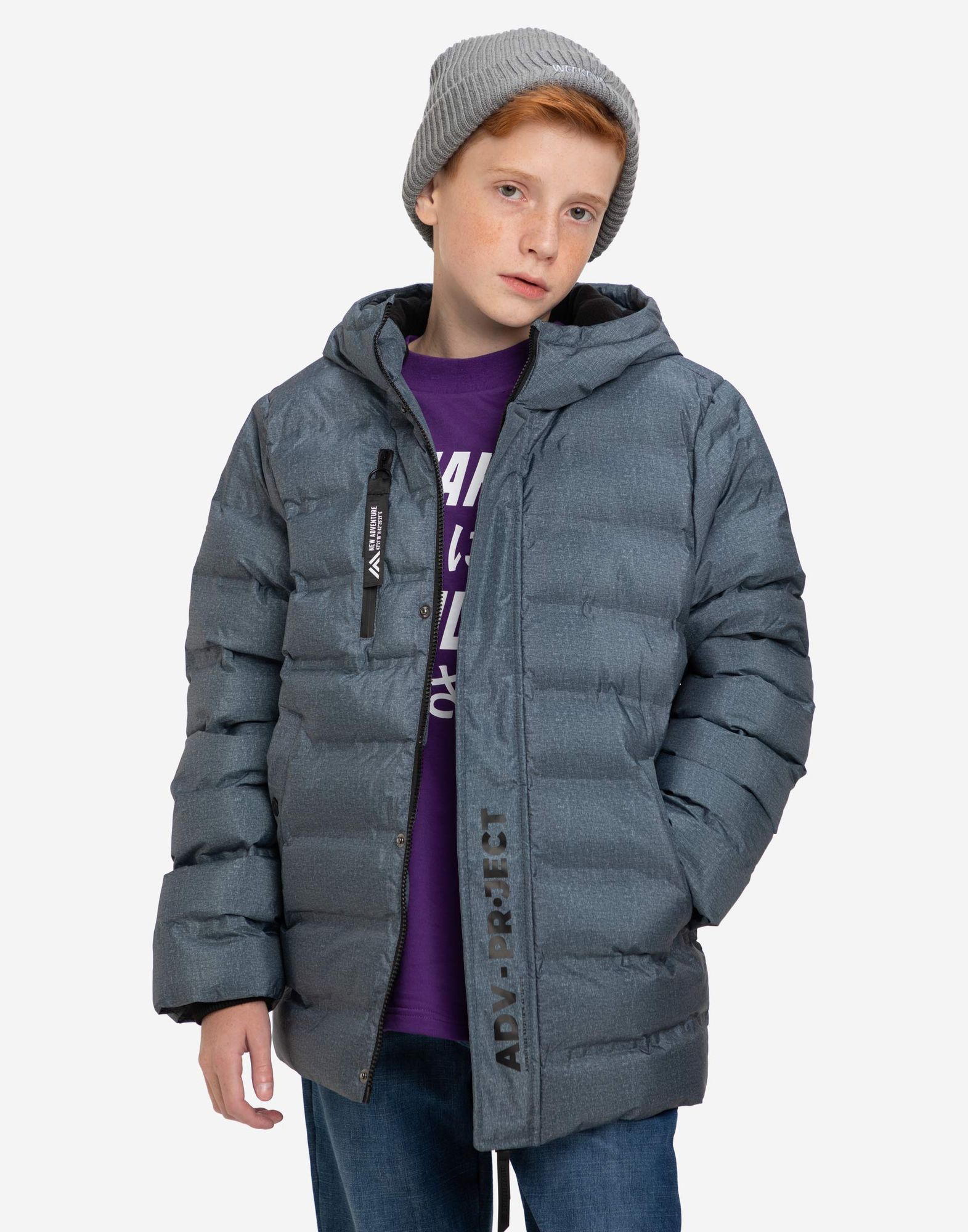 Серая утепленная куртка с принтом для мальчика-0