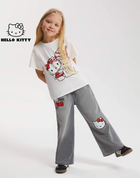 Серые джинсы Long leg Paperbag с принтом Hello Kitty для девочки-0