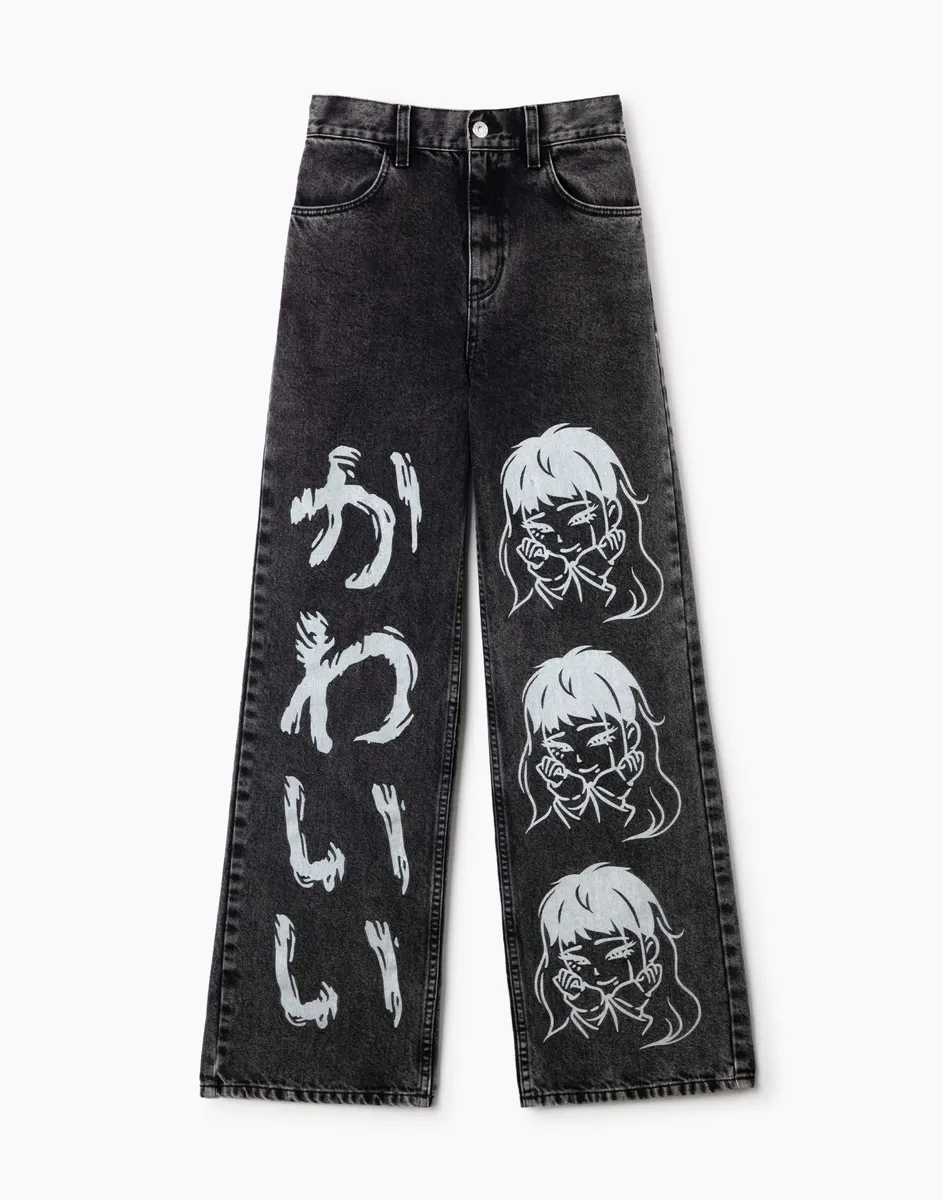 Серые джинсы Long leg с аниме-принтом для девочки-0