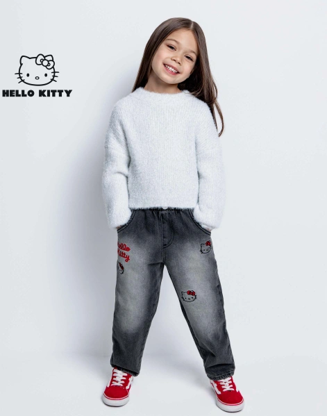 Серые джинсы Paperbag Slouchy с вышивкой Hello Kitty для девочки-0