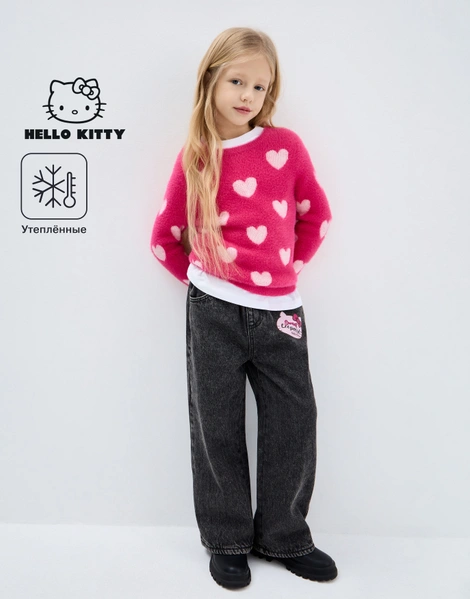 Серые утеплённые джинсы Long leg с принтом Hello Kitty для девочки-0