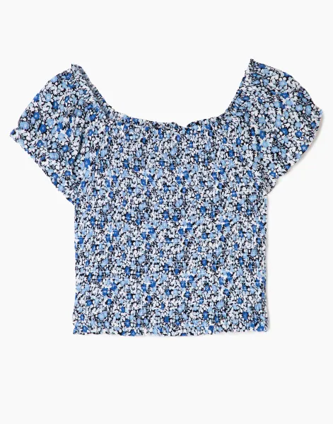 Синяя блузка с цветочным принтом-0