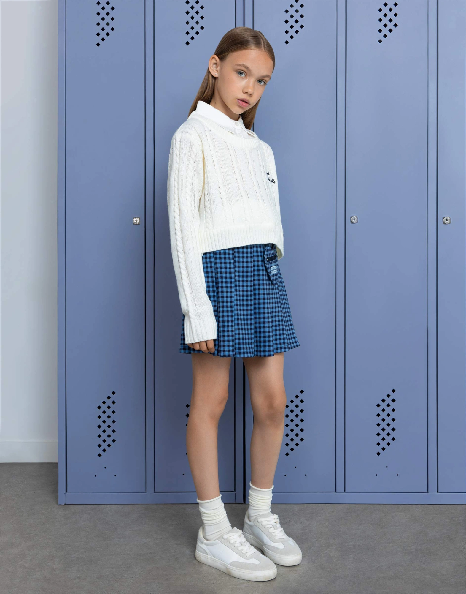 Синяя клетчатая юбка-шорты со складками-0