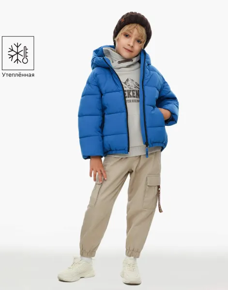 Синяя утеплённая куртка с капюшоном для мальчика-0