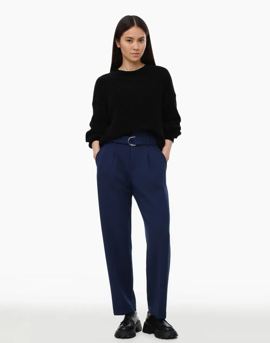 Синие брюки Wide leg с поясом-0
