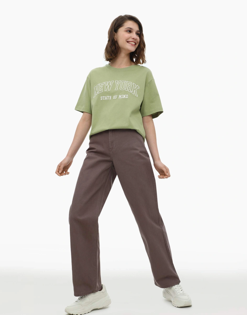 Светло-коричневые джинсы Loose straight с высокой талией GJN027385-3 ...