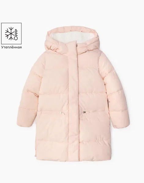 Светло-розовое утеплённое пальто с капюшоном и карманами для девочки -0
