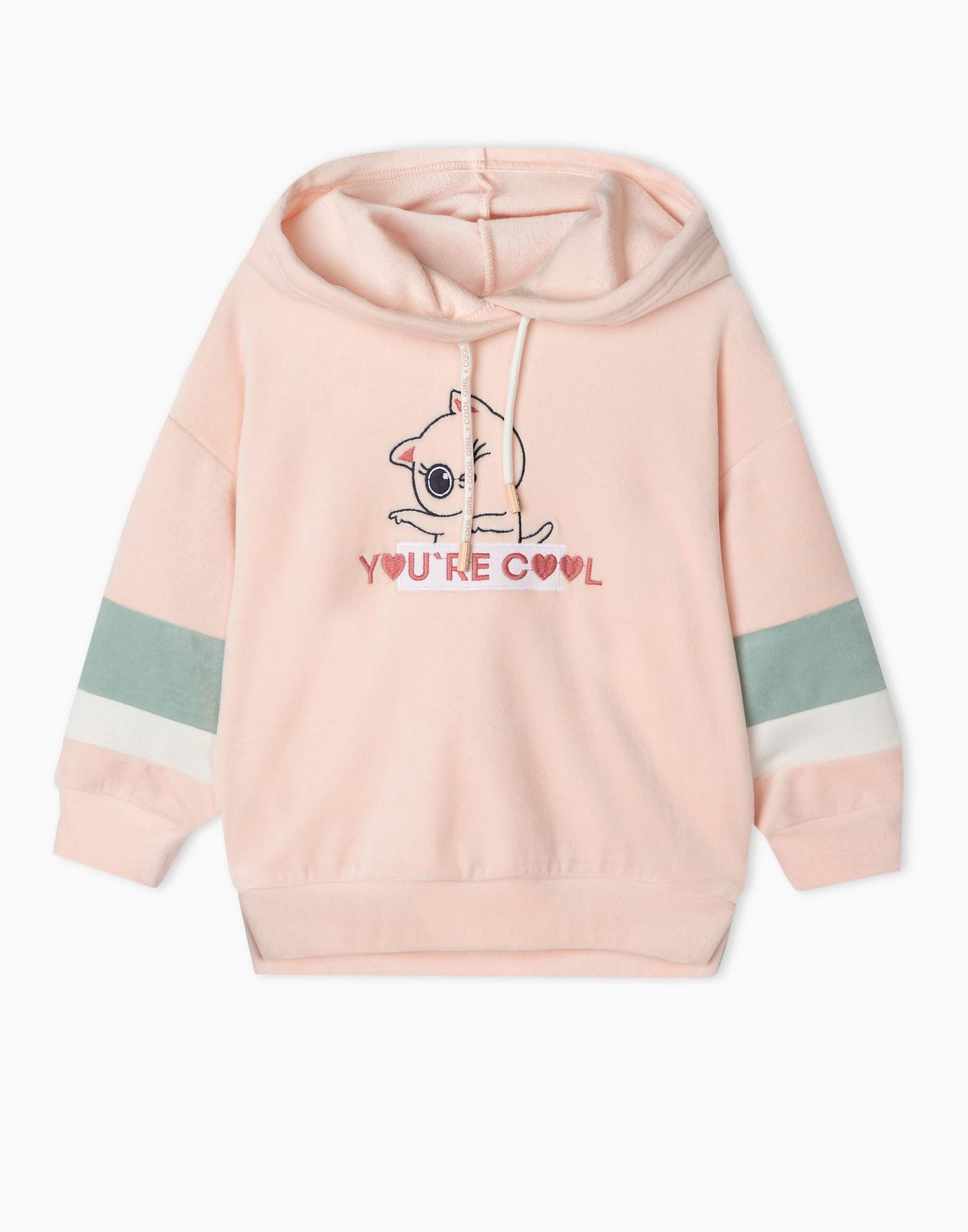 Светло-розовое велюровое худи oversize с вышивкой для девочки-0