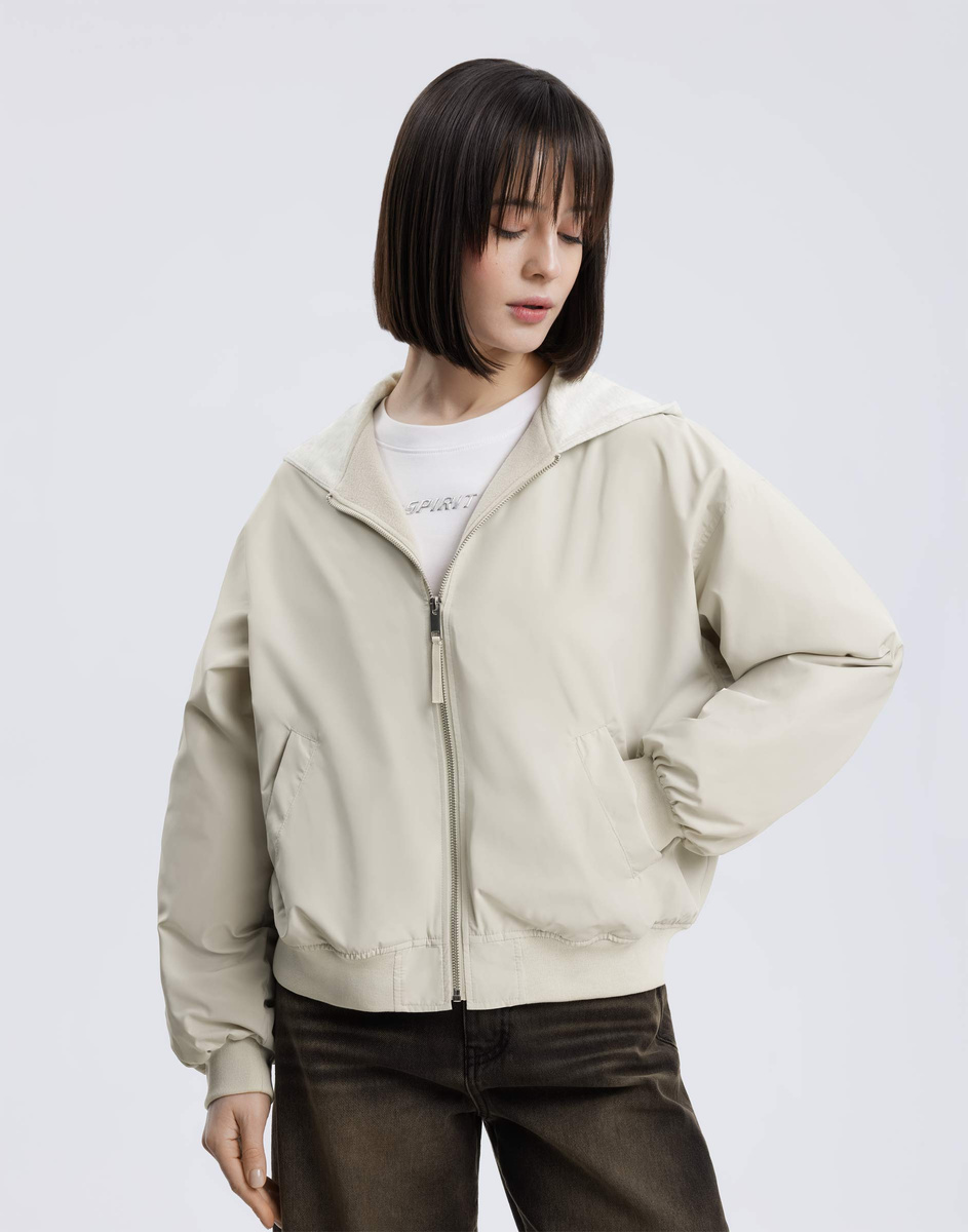 極美品24SS Theory AIRY COTTON SHEER BOMBER Светло-серая куртка-бомбер oversize с контрастным капюшоном
