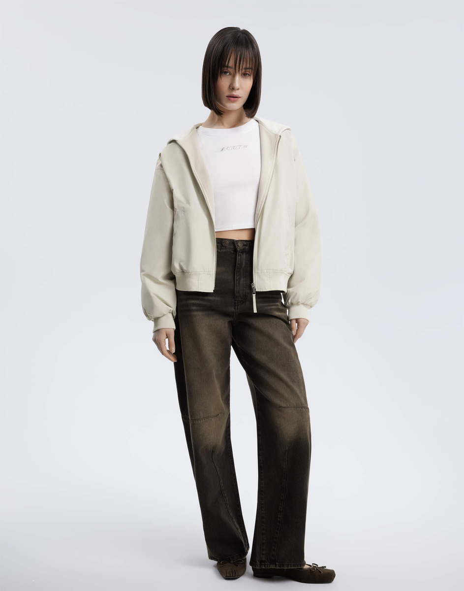 極美品24SS Theory AIRY COTTON SHEER BOMBER Светло-серая куртка-бомбер oversize с контрастным капюшоном