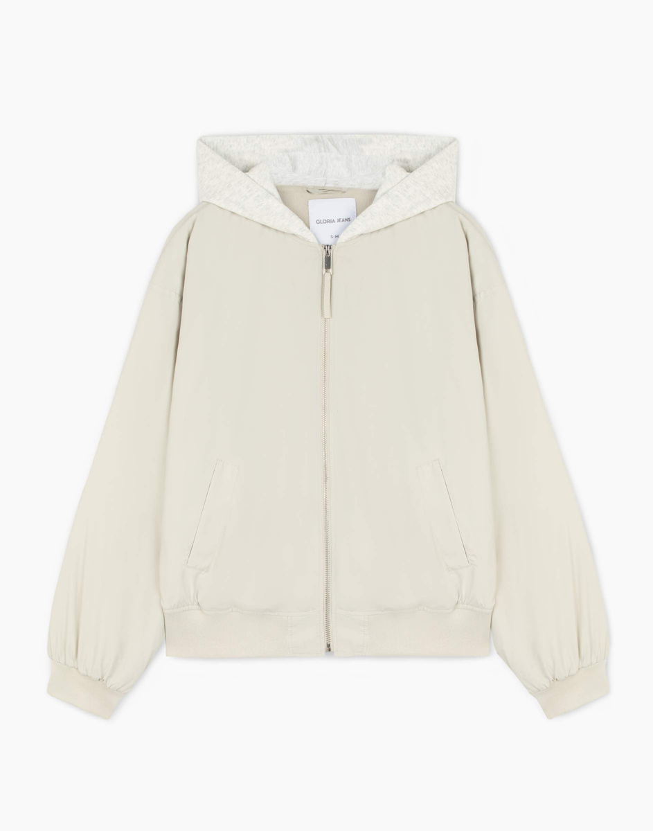 Светло-серая куртка-бомбер oversize с контрастным капюшоном