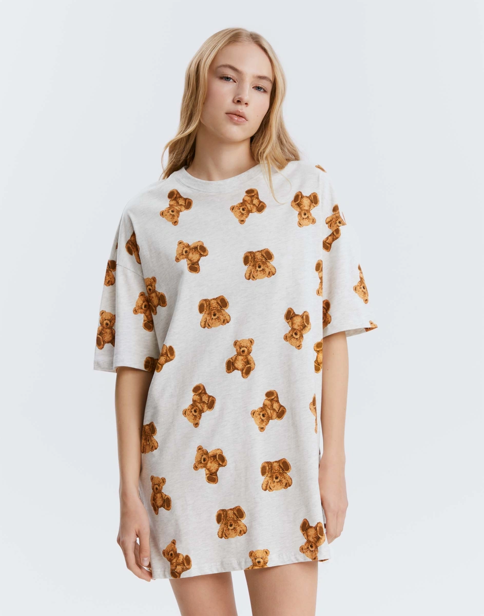 Светло-серая пижамная футболка oversize с мишками GSL002607-1 купить по ...