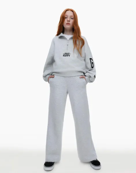Светло-серые спортивные брюки Wide leg для девочки-0