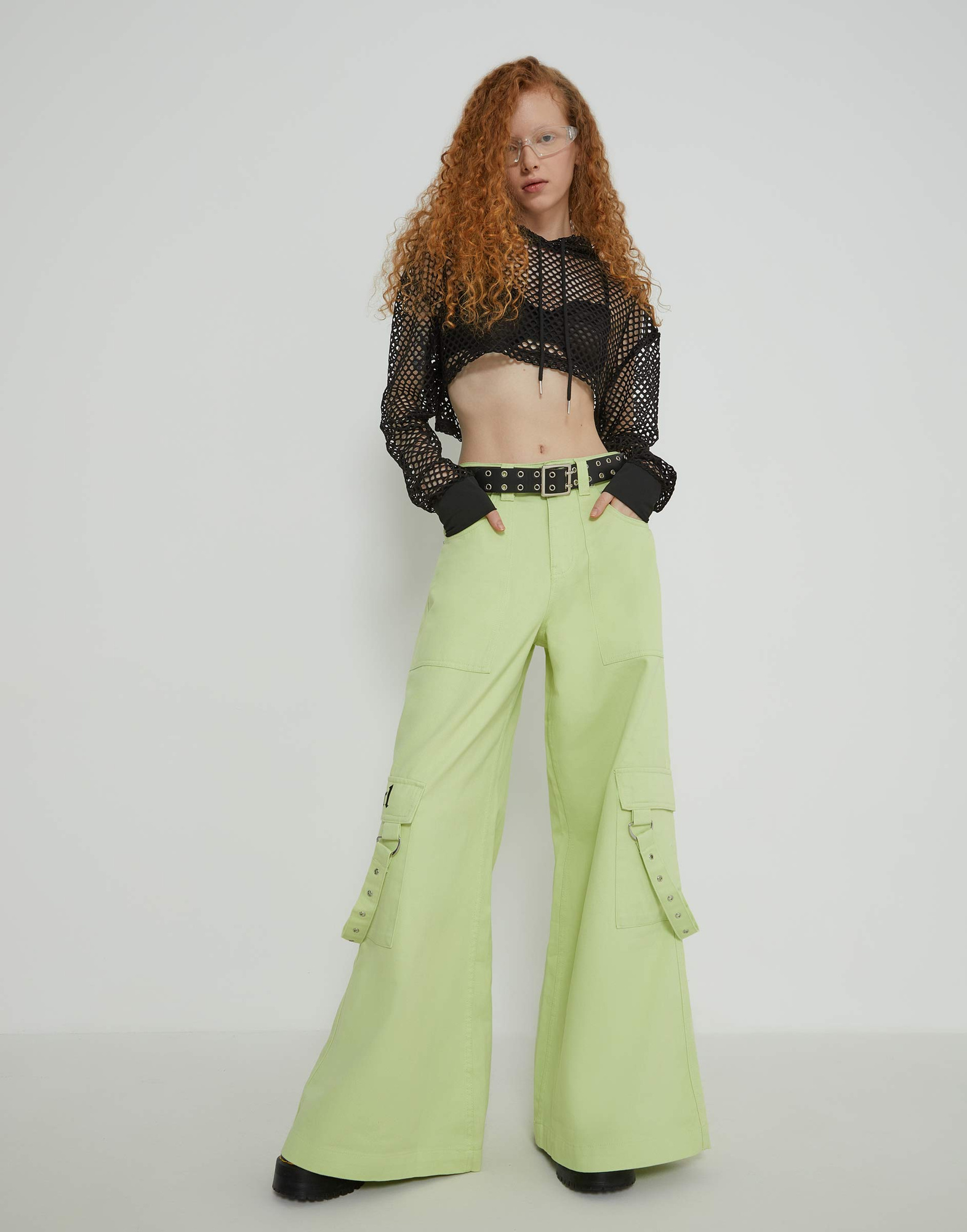 Светло-зелёные джинсы Wide leg Cargo с ремешками GJN030172-2 купить по ...