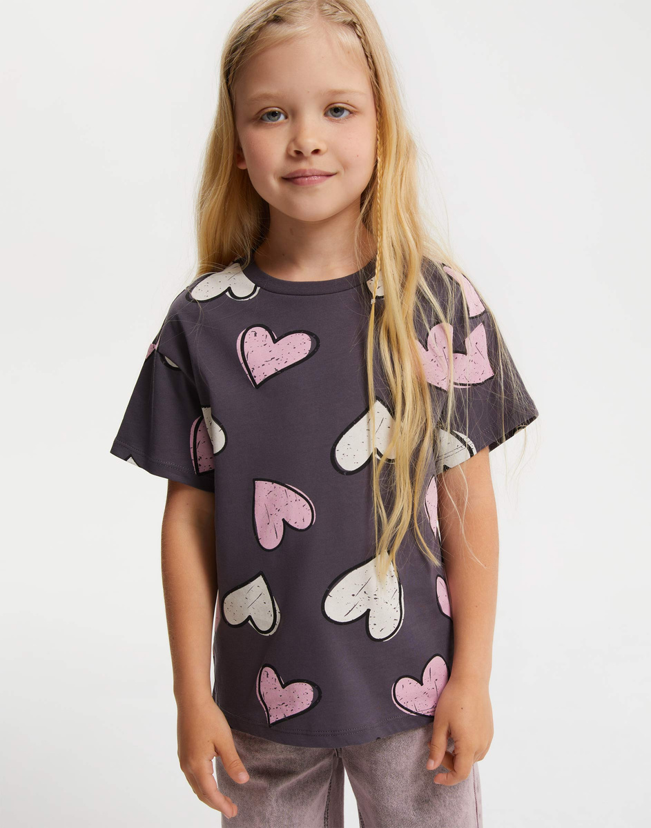 Тёмно-серая футболка oversize с принтом для девочки