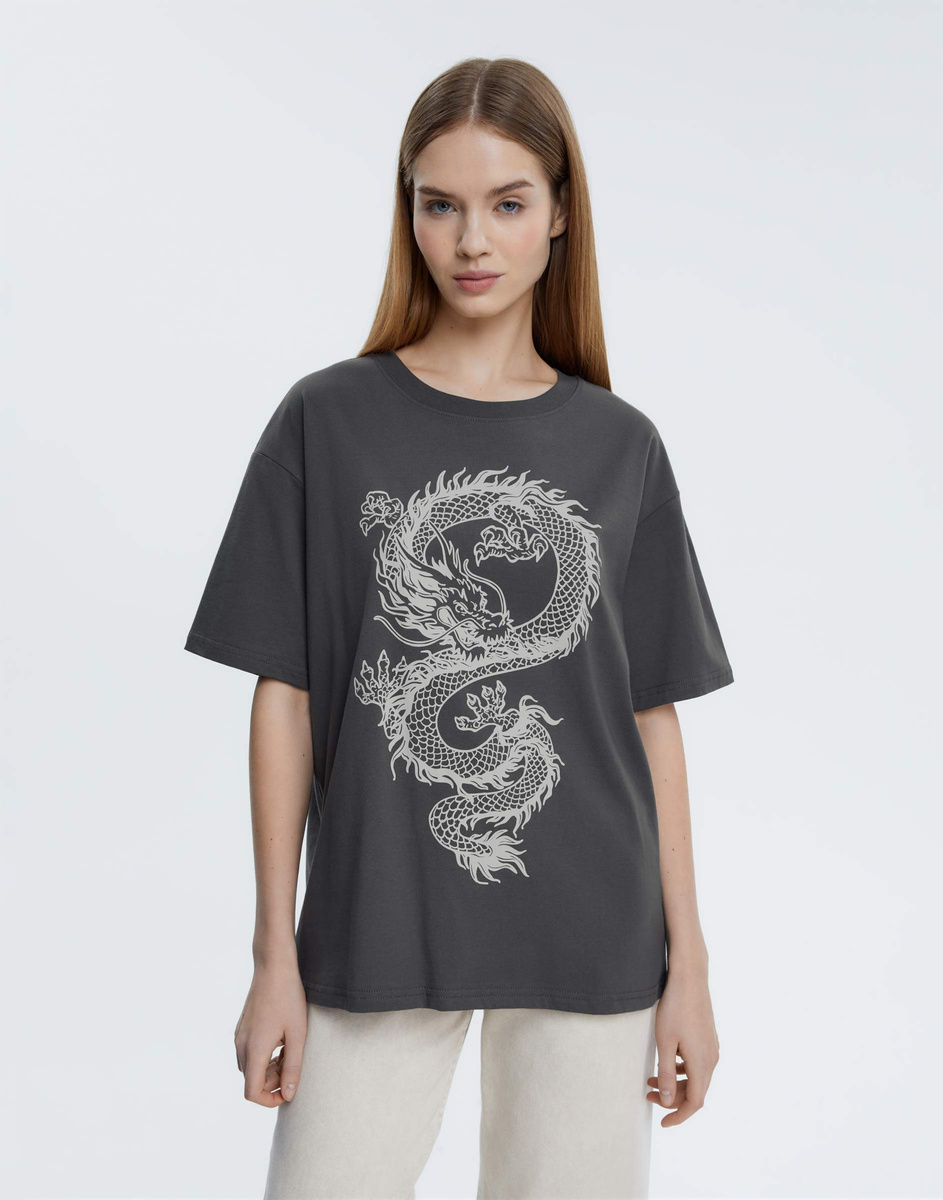 Тёмно-серая футболка oversize с принтом GKT026497-2 размер M