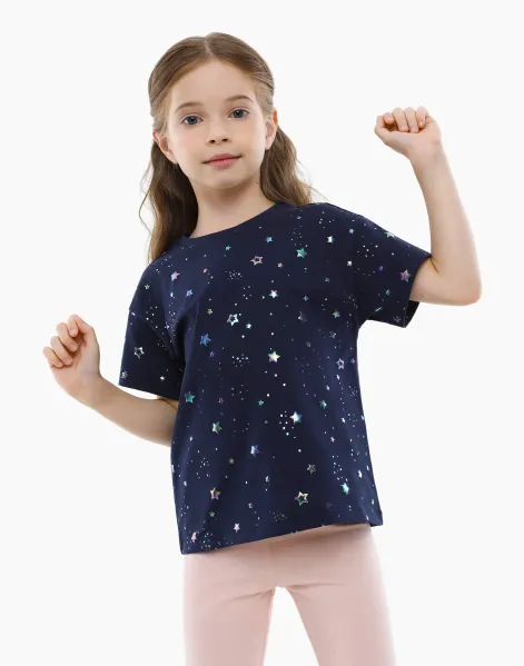 Тёмно-синяя футболка oversize со звёздами для девочки-0