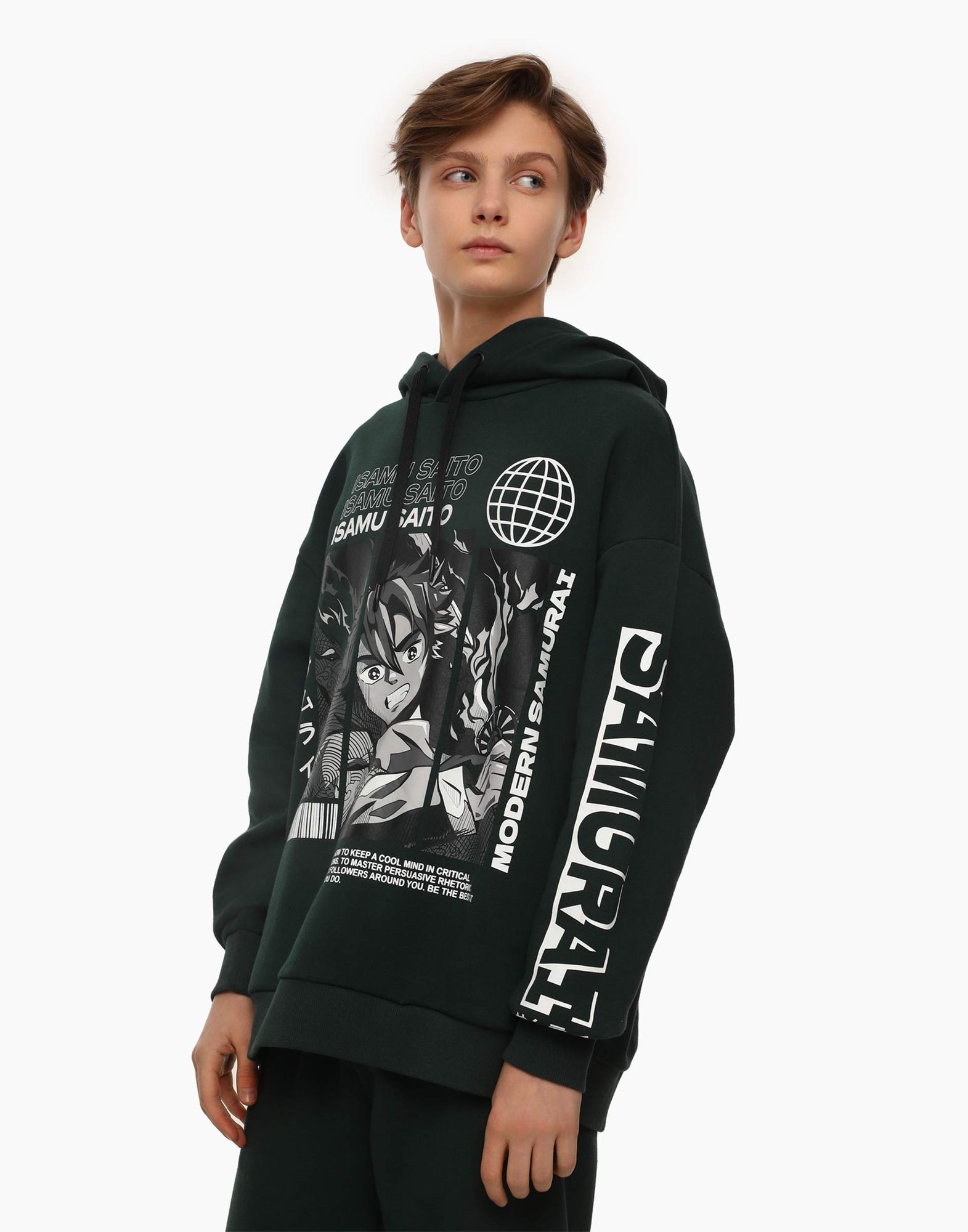 Тёмно-зелёное худи Oversize с аниме-принтом для мальчика-0