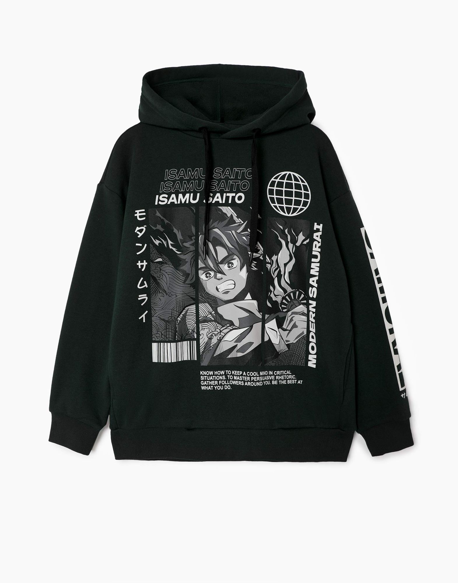 Тёмно-зелёное худи Oversize с аниме-принтом для мальчика-1